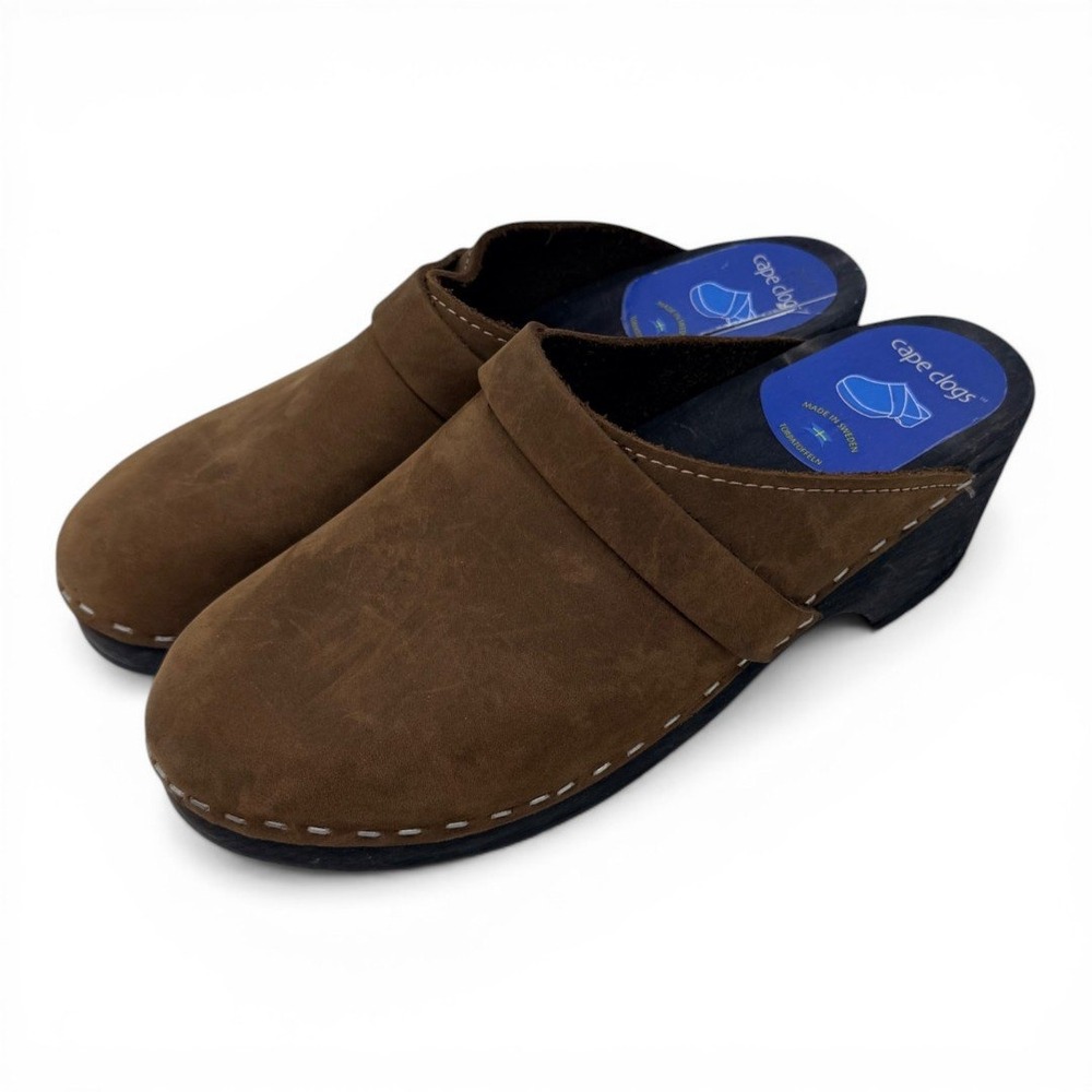 Cape Clogs Suede Slip On Clogs Brown Closed Toe Wood Sole Swedish EU 37
